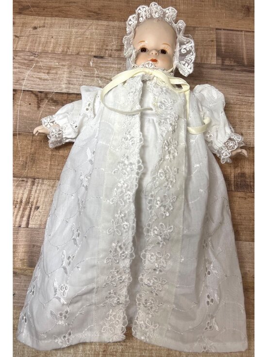 None Other - Vintage Bisque Porcelain Christening Baby Doll White Eyelet Gown Floral Lace Cap